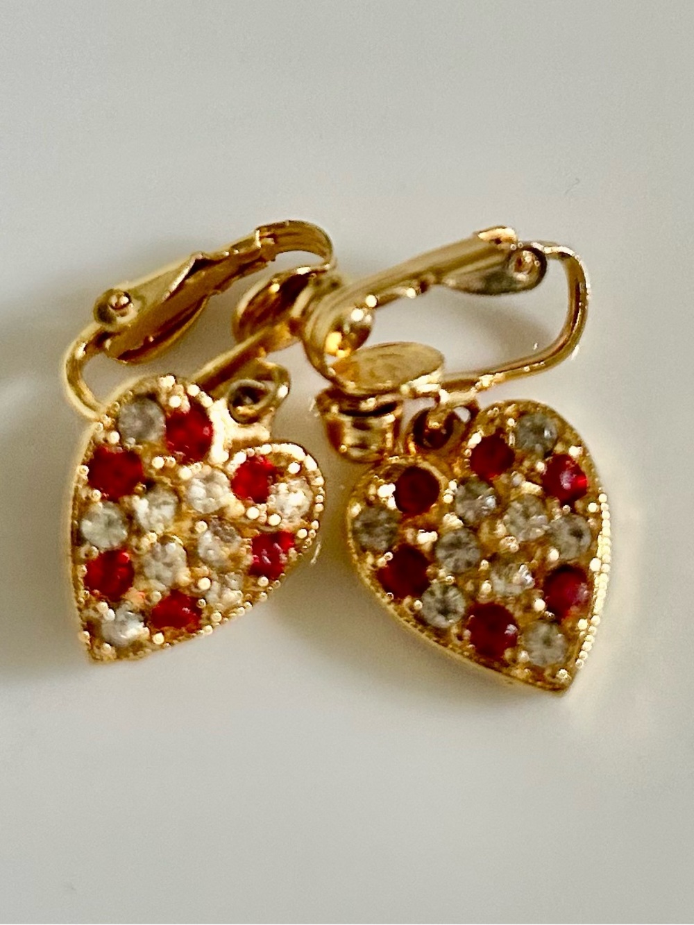 Gold Tone Metal Heart Drop Earrings with Red and White crystals